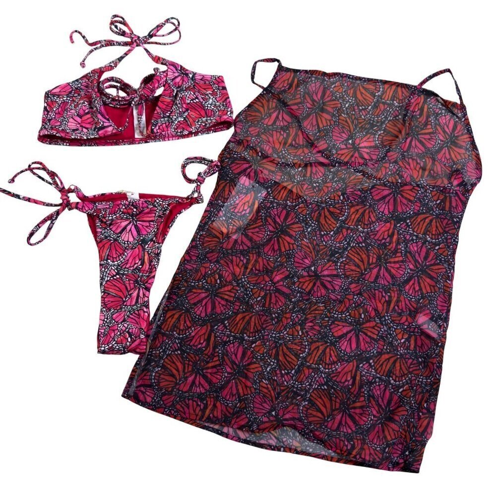 Toluca Swim String Bikini & Gisele Cover Up Dress Set NWT XS/S 30-32 D+ Red Pink